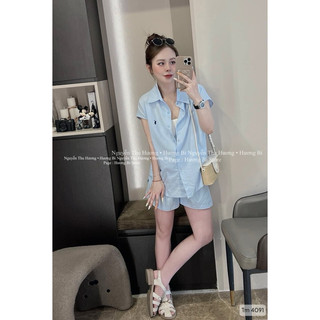 SET BỘ SƠ MI XANH THÊU NGỰC