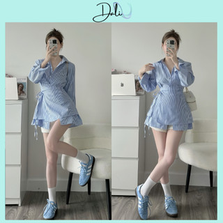 Set Áo Sơ Mi Kẻ Xanh + Tà Áo Rời Phối Eo Chất Liệu Thô Mềm