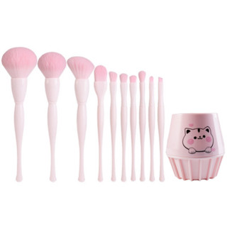 Bộ cọ trang điểm cá nhân GUVIET màu hồng phấn nhạt gồm 10 cọ đi kèm ống cắm hoạ tiết hình mèo