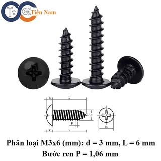 Vít bake đầu dù đuôi nhọn ren thưa mạ đen m3 m4 m5 m6