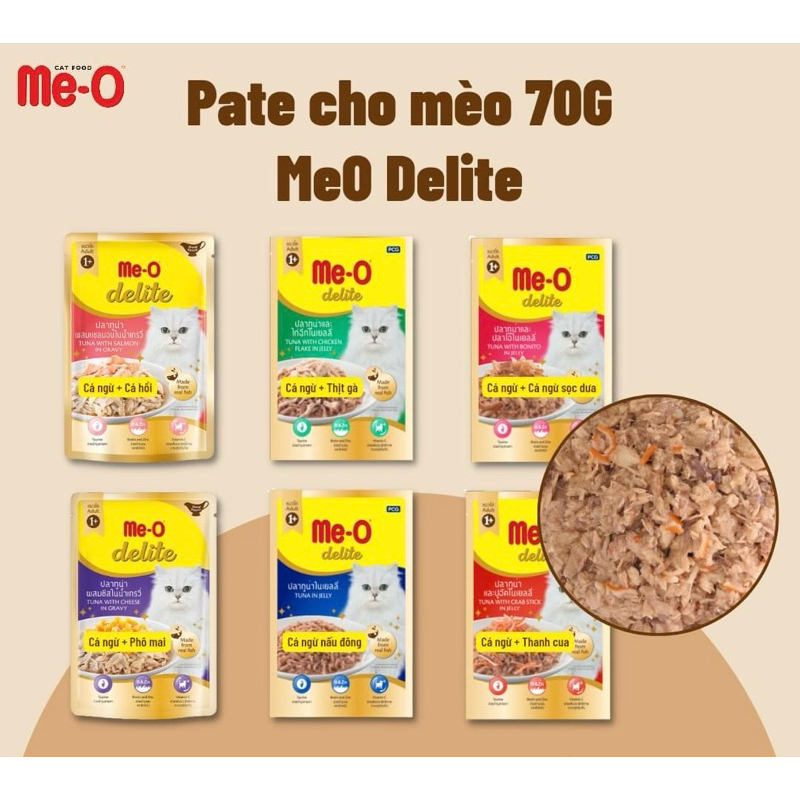 Pate cao cấp  ME-O DELITE dành cho Mèo , được làm từ cá thật thơm ngon , bổ dưỡng - gói 70gr