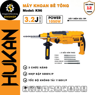 [100% Dây Đồng] Máy khoan bê tông 3 chức năng đa năng Khoan - Cắt - Đục - Siêu mạnh mẽ. HUKAN K96 1050W, Chính hãng.