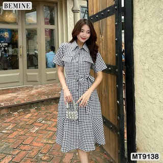 Đầm thiết kế cổ sơ mi phối nút thắt nơ eo BEMINE MT9138