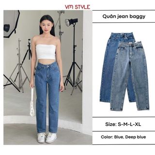 Quần jean baggy nữ VMSTYLE trơn lưng cao (không co giãn) basic thời trang đi học, đi làm QJB00005