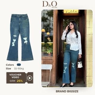 Quần Jeans Nữ Bigsize 58-90kg Ống Loe Ống Pat Màu Xanh Rêu Rách Thời Trang 1172 Cạp Cao Co Giãn Mạnh