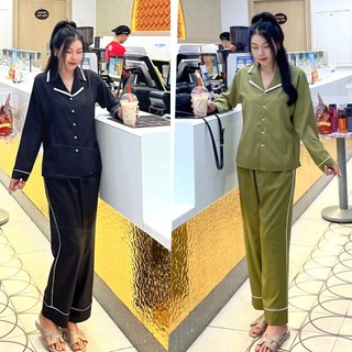 Bộ Pijama ngủ mặc nhà P51 vải lụa phối viền xinh xắn, dễ thương