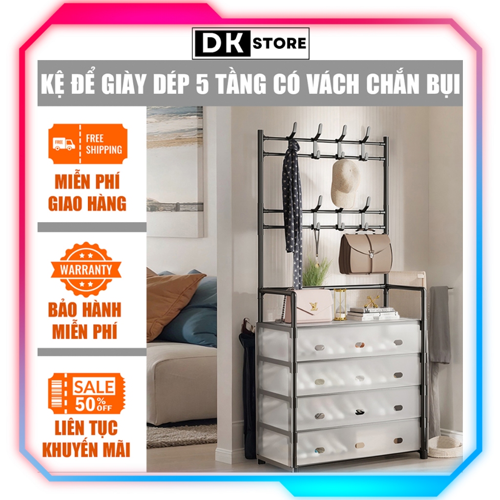 Kệ 5 Tầng Để Giày Dép Có Màng Chắn Bụi, Kệ Giày Dép 5 Tầng Khung Thép Carbon, Tặng Kèm 8 Móc Treo Đồ