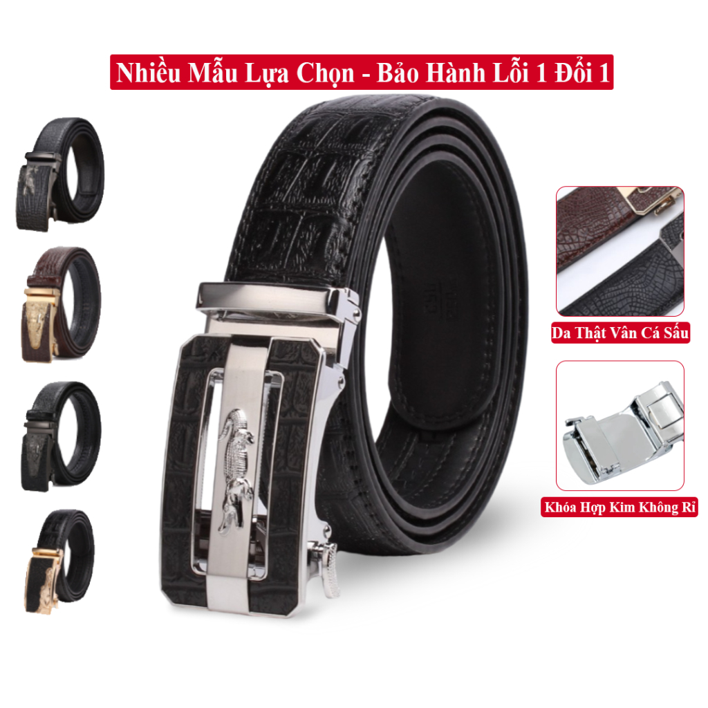 Thắt Lưng Nam Da Bò Vân Cá Sấu Hai Lớp Khóa Hợp Kim Chống Rỉ Cao Cấp Vicenzo. Dây Nịt Thắt Lưng Nam Da Bò Thật