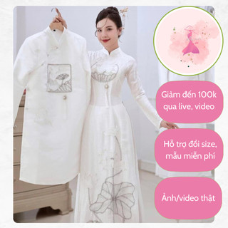 Áo dài Hoa Sen trắng, áo dài cặp ăn hỏi dạm ngõ, áo dài cô dâu, áo dài cưới - Áo dài Munn