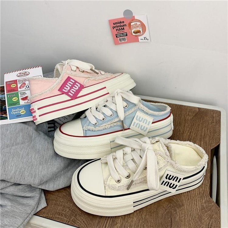 HÀNG QC Giày thể thao canvas MINMIN hở gót đế dày mã L-6 đi hai kiểu thoáng khí thời trang hè 2024 cho nữ