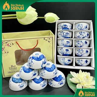 Set 10 bát ăn bát tràng cao cấp hàng loại i - bộ bát ăn cơm vẽ hoa sen đầm - bộ chén ăn cơm bát tràng