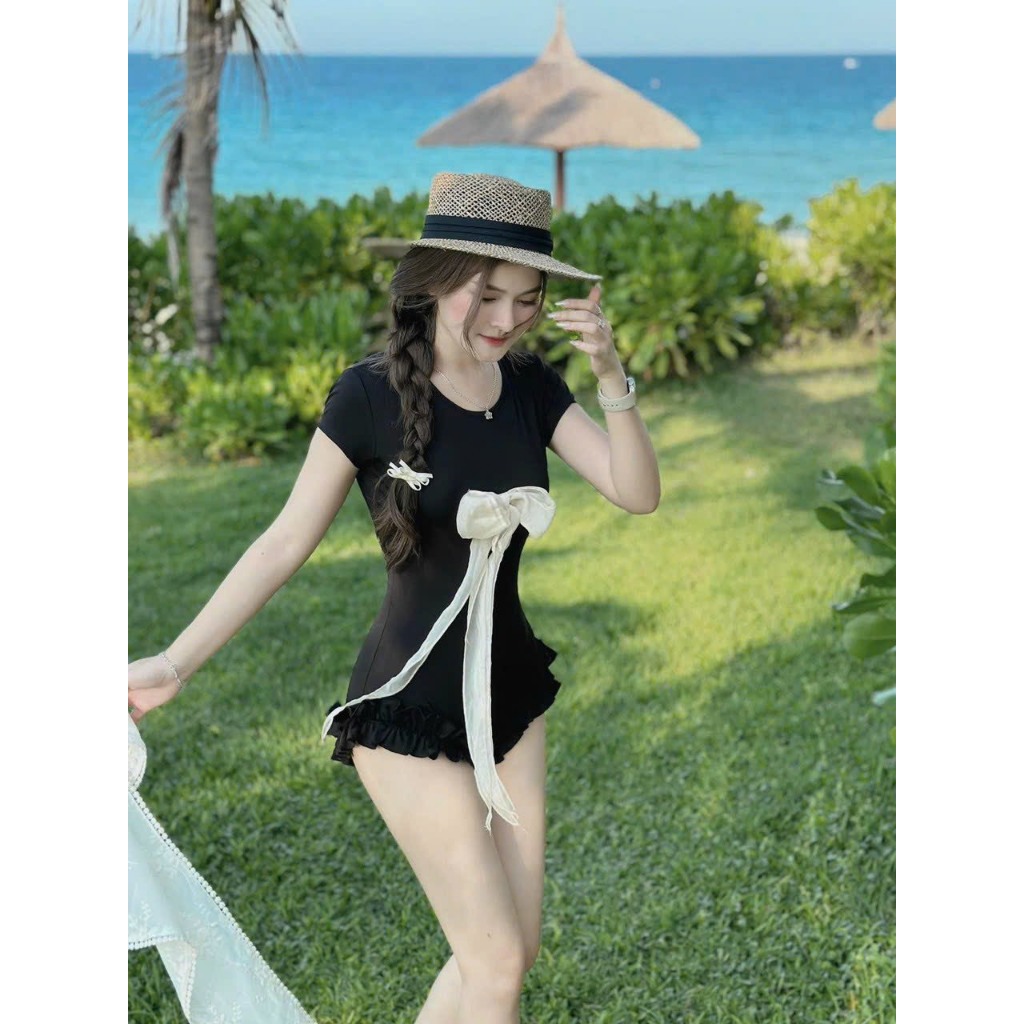 Bộ Đồ Bơi Một Mảnh Ôm Bụng, jum Tay Ngắn (THUN TĂM+KHĂN ) phối bèo kết nơ tôn dáng siêu xinh,[Tùy Chiều Cao]  HÀ BIKINI | BigBuy360 - bigbuy360.vn