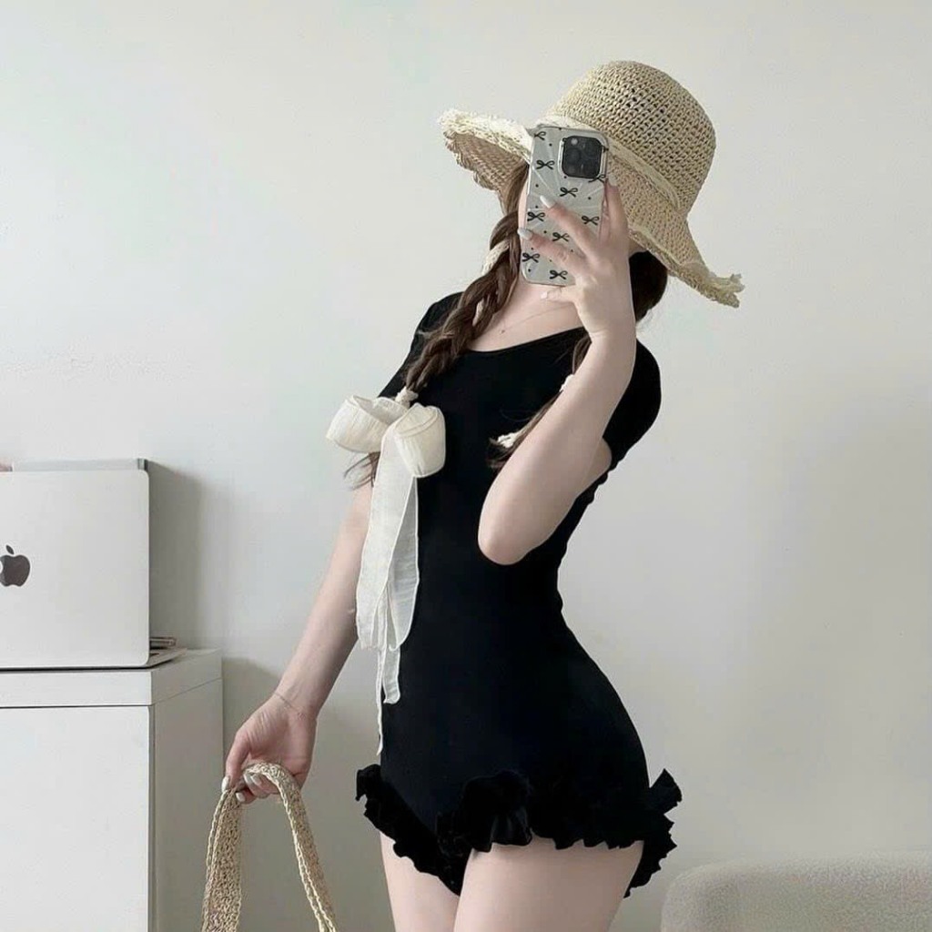 Bộ Đồ Bơi Một Mảnh Ôm Bụng, jum Tay Ngắn (THUN TĂM+KHĂN ) phối bèo kết nơ tôn dáng siêu xinh,[Tùy Chiều Cao]  HÀ BIKINI | BigBuy360 - bigbuy360.vn