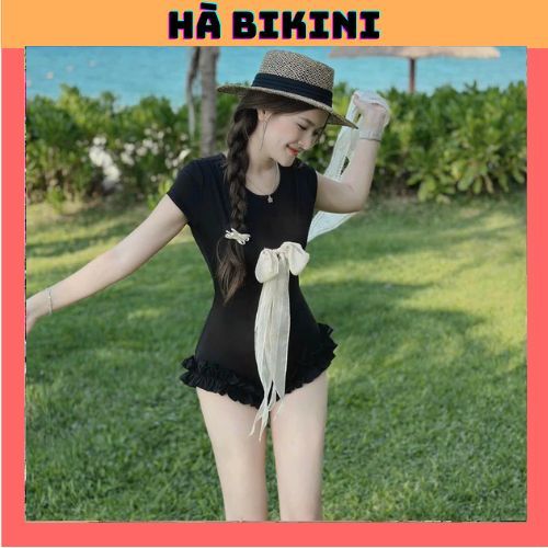 Bộ Đồ Bơi Một Mảnh Ôm Bụng, jum Tay Ngắn (THUN TĂM+KHĂN ) phối bèo kết nơ tôn dáng siêu xinh,[Tùy Chiều Cao]  HÀ BIKINI | BigBuy360 - bigbuy360.vn