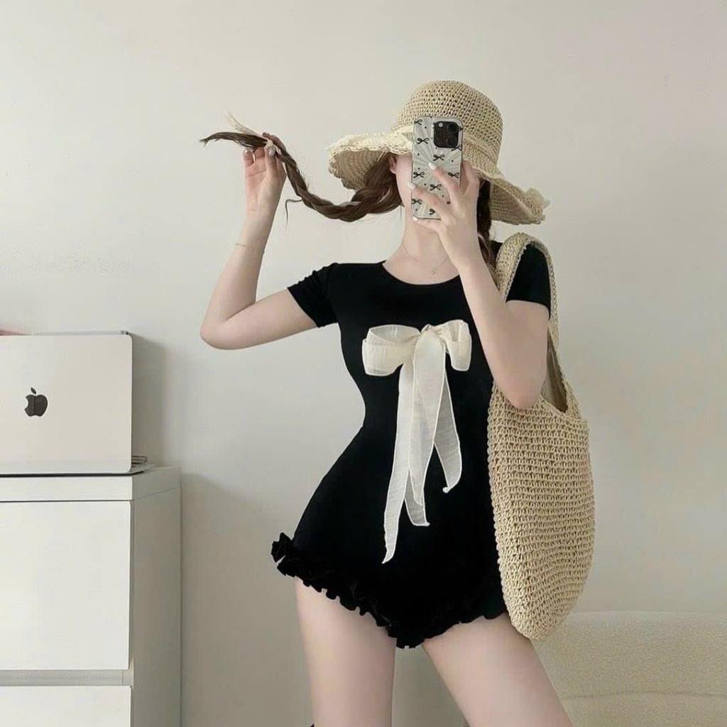 Bộ Đồ Bơi Một Mảnh Ôm Bụng, jum Tay Ngắn (THUN TĂM+KHĂN ) phối bèo kết nơ tôn dáng siêu xinh,[Tùy Chiều Cao]  HÀ BIKINI | BigBuy360 - bigbuy360.vn