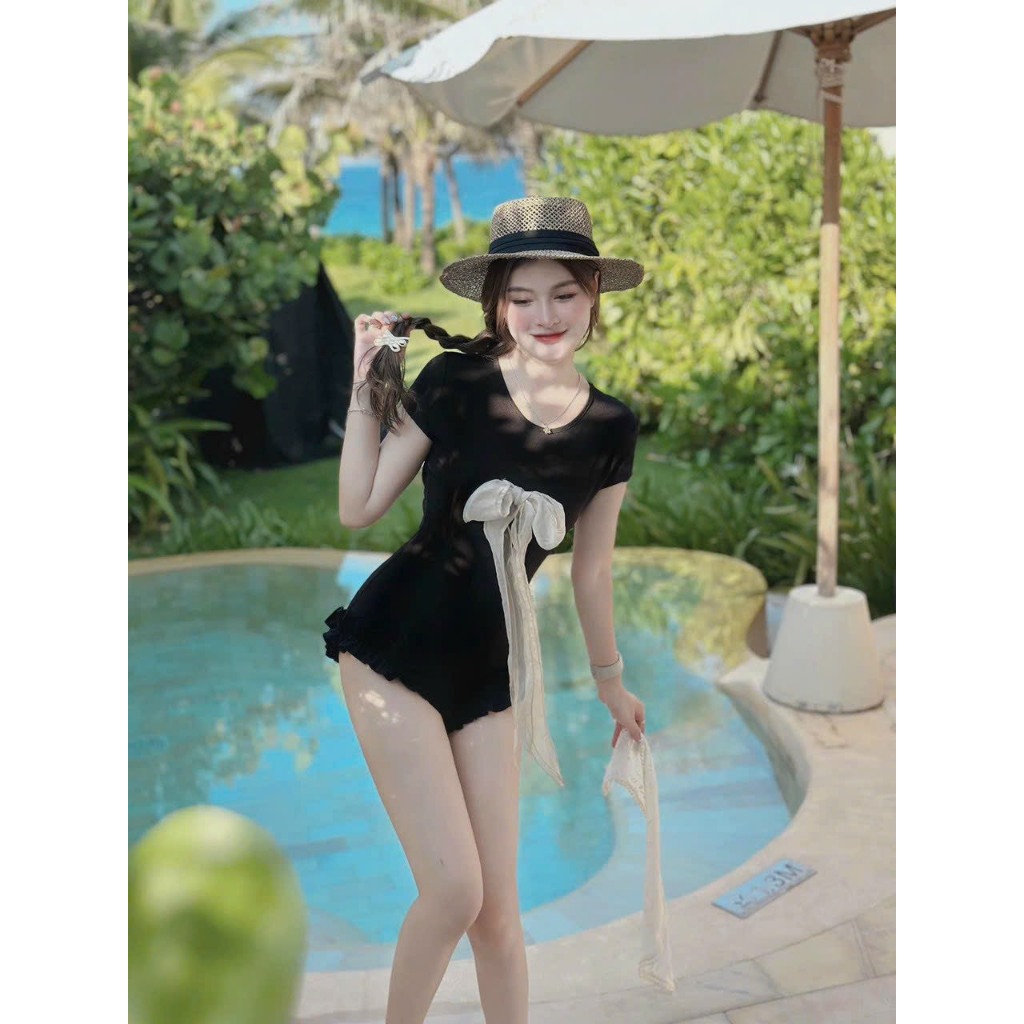 Bộ Đồ Bơi Một Mảnh Ôm Bụng, jum Tay Ngắn (THUN TĂM+KHĂN ) phối bèo kết nơ tôn dáng siêu xinh,[Tùy Chiều Cao]  HÀ BIKINI | BigBuy360 - bigbuy360.vn