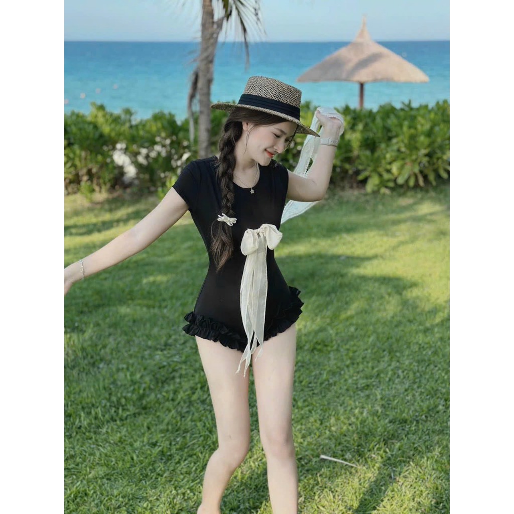 Bộ Đồ Bơi Một Mảnh Ôm Bụng, jum Tay Ngắn (THUN TĂM+KHĂN ) phối bèo kết nơ tôn dáng siêu xinh,[Tùy Chiều Cao]  HÀ BIKINI | BigBuy360 - bigbuy360.vn