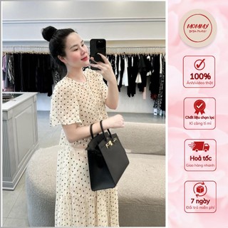 Váy bầu thiết kế MOMMY, đầm bầu dáng babydoll họa tiết chấm bi xinh xắn, tơ 2 lớp mặc đi làm đi tiệc thoải mái