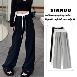 Quần ống rộng suông nữ cạp chun lưng cao chất thun cotton dày dặn hàng Quảng Châu SIANDO QT02