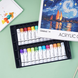 Màu nước acrylic dạng tuýp 12ml global art, bộ 12/24 màu tươi sáng, nhanh khô kèm cọ vẽ và khay pha m70014/70015