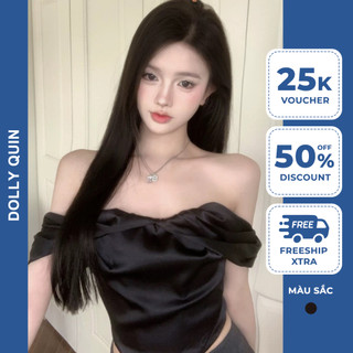 Áo croptop trễ vai cúp ngực, áo kiểu nữ có mút ngực lụa trơn dáng ngắn trên rốn A23 Dolly Quin