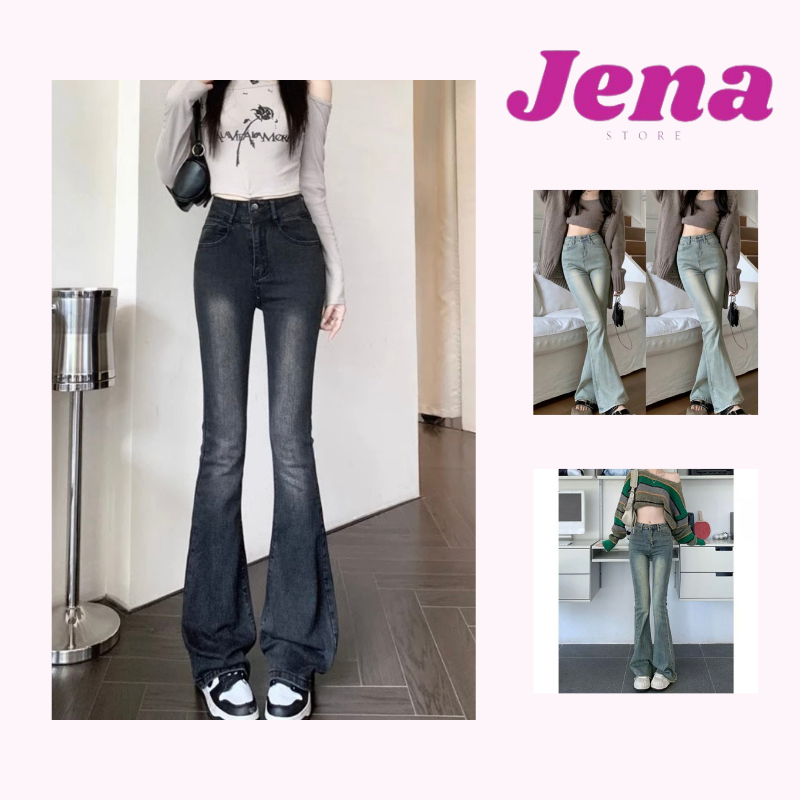 Quần Jeans nữ ống loe Jena co giãn, Quần bò Jean nữ ống đứng rộng suông cạp cao L01