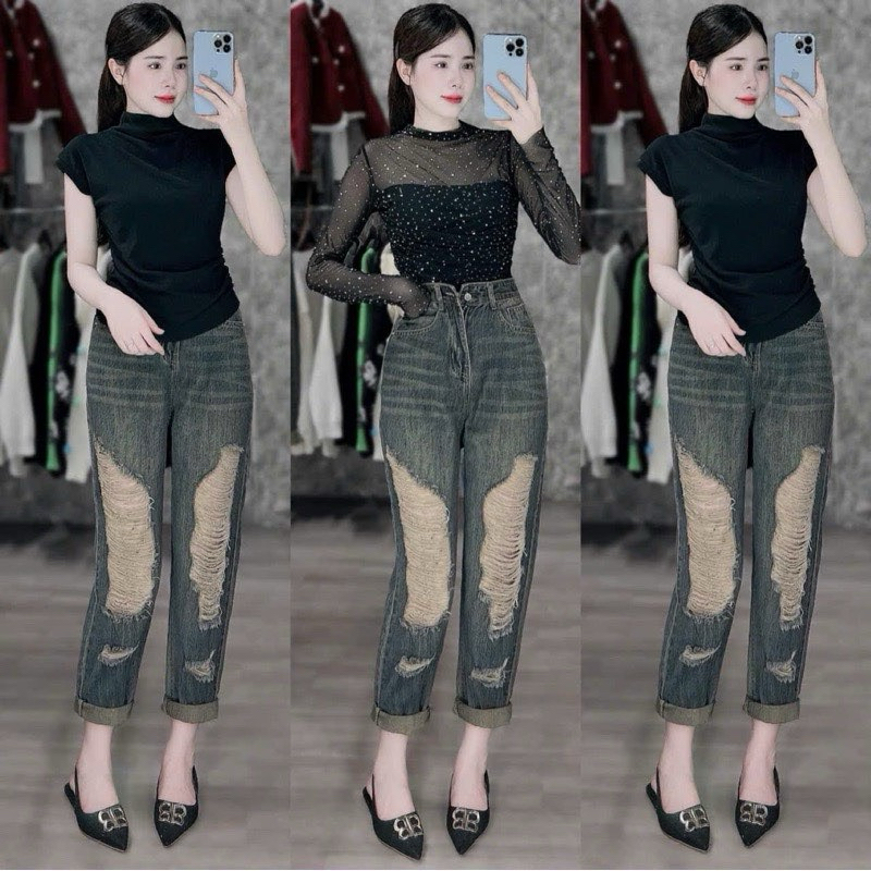 TIENSTYLE - Quần baggy jean nữ rách 2 bên ống côn, Quần boy phom lửng 95Cm, Baggy jean Bigsize