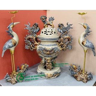 Bộ đỉnh hạc Chân đồng Men rạn Đắp tay - Hàng Nghệ nhân Bát Tràng