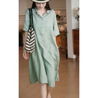 Đầm suông công sở cổ sơ mi Larisrose, chất liệu Linen bột Premium, form suông rộng - V014