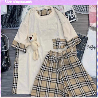  Set bộ áo phông kèm gấu mix kèm quần sooc bbr kẻ nâu 