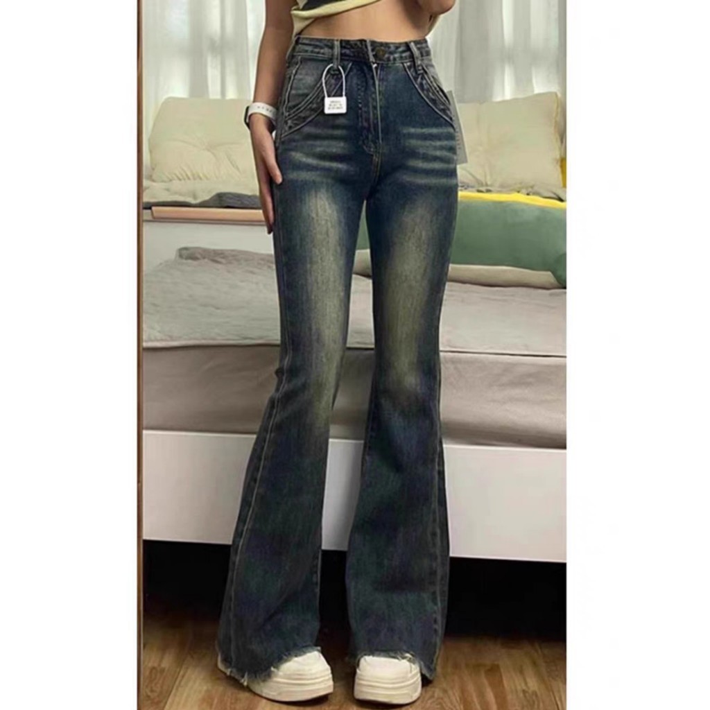 Quần Jean Ống Loe Xanh Retro Cắt Gấu -MOXIE BOUTIQUE-