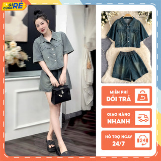 Set bộ jean nữ mùa hè Áo bò cổ bẻ 2 nắp túi Mix Quần cạp chun sang chảnh C&H Clothing