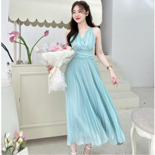 Đầm maxi dàng dài, váy dự tiệc tơ hàn dập ly cao cấp phối nơ sau lưng sang chảnh dịu dàng, hàng thiết kế chuẩn from HC82