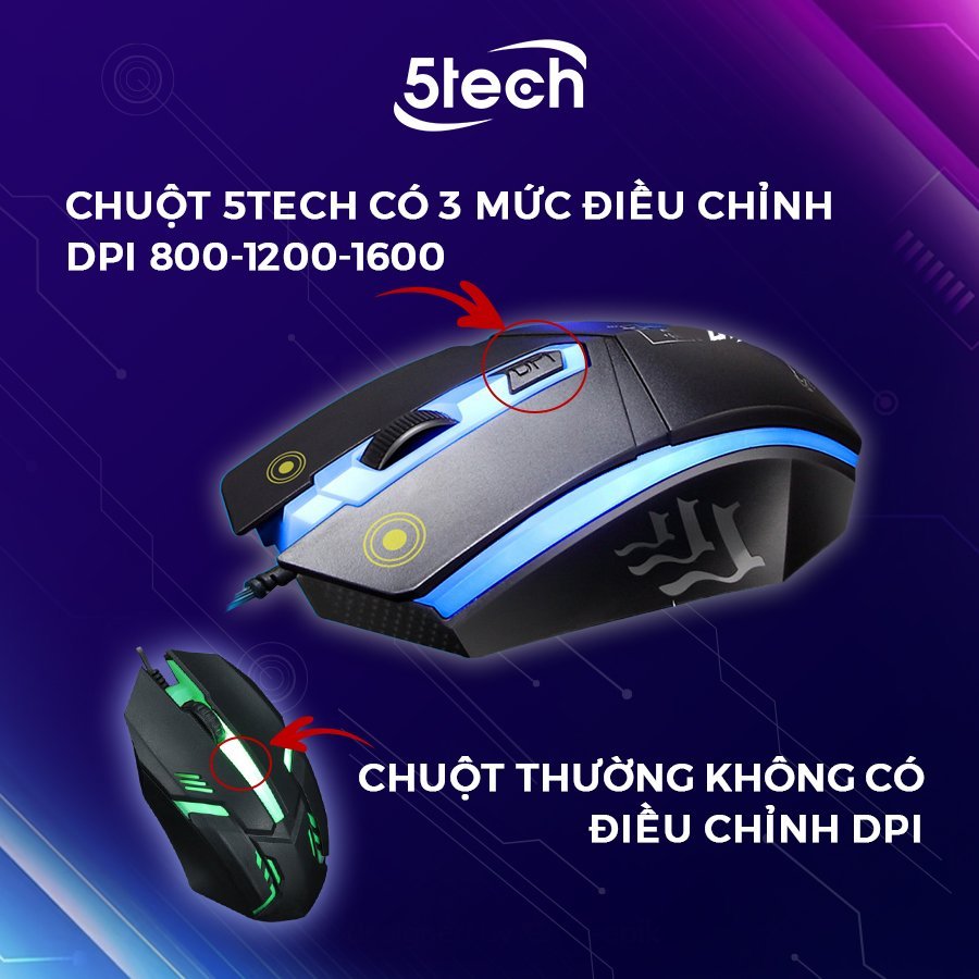 Bàn phím giả cơ 5TECH kèm chuột có điều chỉnh độ nhạy DPI chế độ LED 7 màu dành cho máy tính | BigBuy360 - bigbuy360.vn
