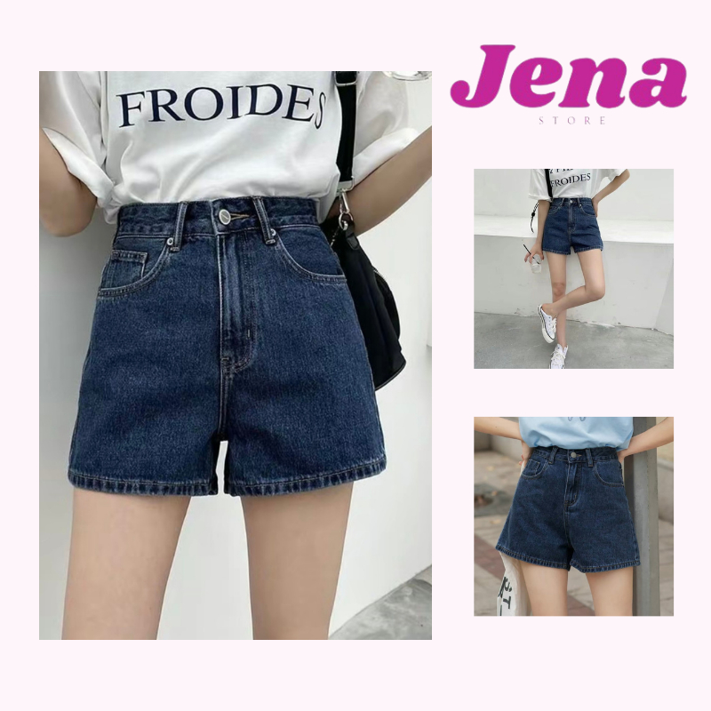 Quần sooc bò jeans Jena nữ màu xanh đậm, Quần jeans cạp cao phong cách Hàn Quốc sành điệu style S03