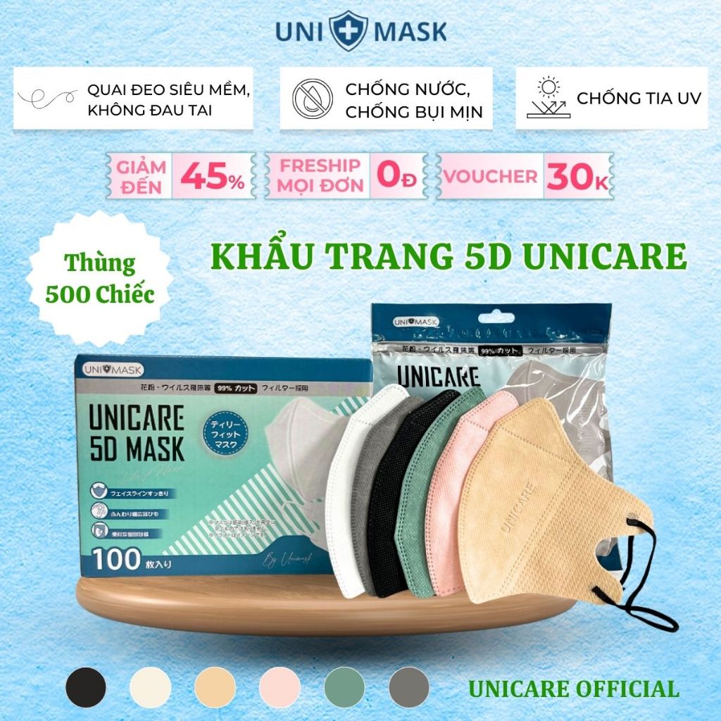   Thùng 500 chiếc  Khẩu trang 5D Unicare Ngăn Ngừa Khói Bụi Cản Tia UV Thế Hệ Mới 3 lớp kháng khuẩn 