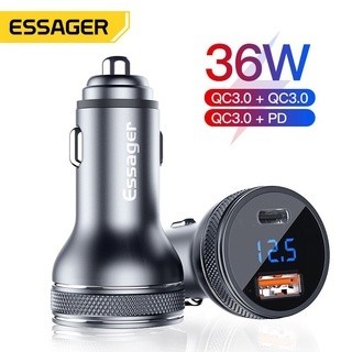 Tẩu sạc nhanh xe hơi ESSAGER QC PD 3.0 36W hai cổng USB Type C có màn hình kỹ thuật số thích hợp cho iP Samsung
