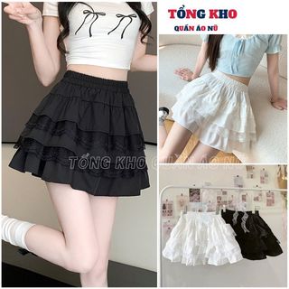 Chân váy chạy ren xếp tầng dáng xòe lưng cạp chun phong cách tiểu thư bánh bèo thời trang basic - TONGKHO