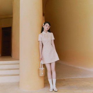 Đầm váy cộc tay cổ sen chiết eo dáng chữ A, Váy tay ngắn cổ sen cúc chân váy dáng ngắn thanh lịch đơn giản