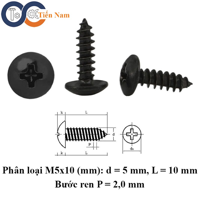 Vít bake đầu dù đuôi nhọn ren thưa mạ đen M5x10 - túi 10 con