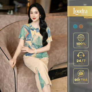 Bộ đồ lụa trung niên mặc nhà cho mẹ Loudra Fashion mềm mại hoạ tiết hoa xanh cộc tay quần dài B09