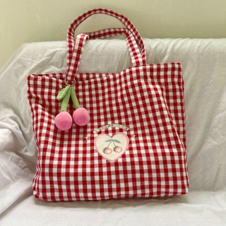 (Sẵn + Hoả tốc) Túi tote caro màu đỏ in hình cherry có thể đựng vừa sách vở tập - N73 - Naii.order