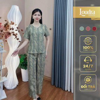 Bộ đồ lụa trung niên mặc nhà cho mẹ Loudra Fashion mềm mại, co giãn nhẹ hoạ tiết cộc tay quần dài B07