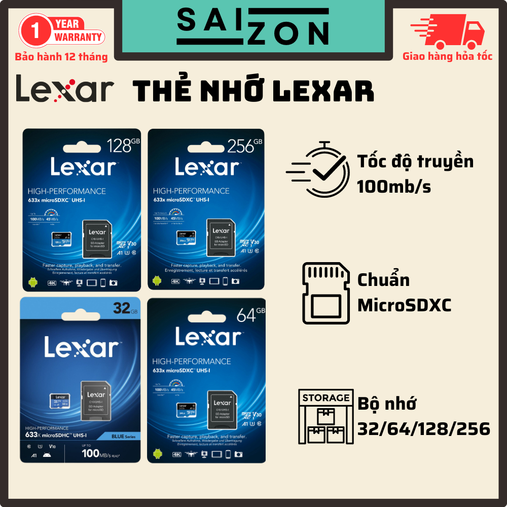 Thẻ nhớ chuyên dụng LEXAR cho camera,máy ảnh,điện thoại- Tốc độ truyền tải 100mb/s - Chuẩn MicroSDXC
