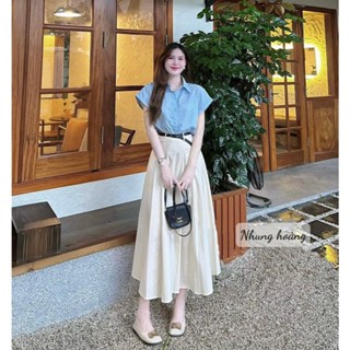  Set đồ nữ áo cổ V tay ngắn phối chân váy dáng dài kèm đai Set bộ đồ áo sơ mi cộc tay mix chân váy xoè tiểu thư basic 