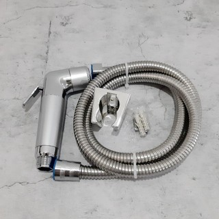 Trọn bộ vòi xịt vệ sinh, đầu xịt xám mạ crom, dây xịt vỏ thân xoắn inox304, gác cài mạ crom, ốc vít , tắc kê nhựa