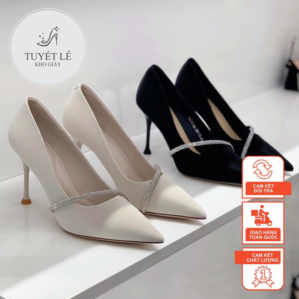 [Phom nhỏ-chân dày tăng size] Giày cao gót nữ sang chảnh 9279H6 gót nhọn 8cm - Giày nữ quai đính đá mũi nhọn tiểu thư.