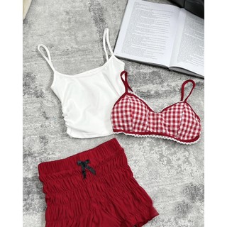Set áo 2 dây kèm bra đỏ kẻ viền ren mix quần cộc nhún đỏ đính nơ dễ thương năng động hottrend bùi đượm concept
