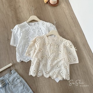 Áo ren hoa cổ tròn đính nơ cộc tay siêu xinh a13