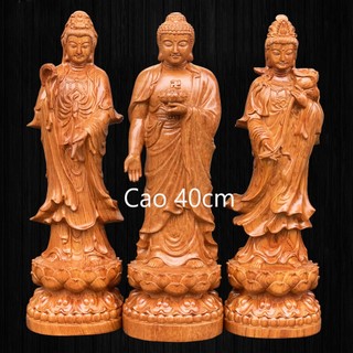 Bộ tượng gỗ tây phương tam thánh phật cao 40cm chất liệu gỗ hương nguyên khối